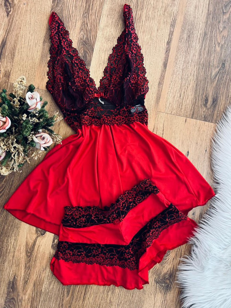 Baby Doll Luxo Fabiana - Vermelho c/ preto (as cores podem dar diferença de tom por causa do flash) - Imagem 4