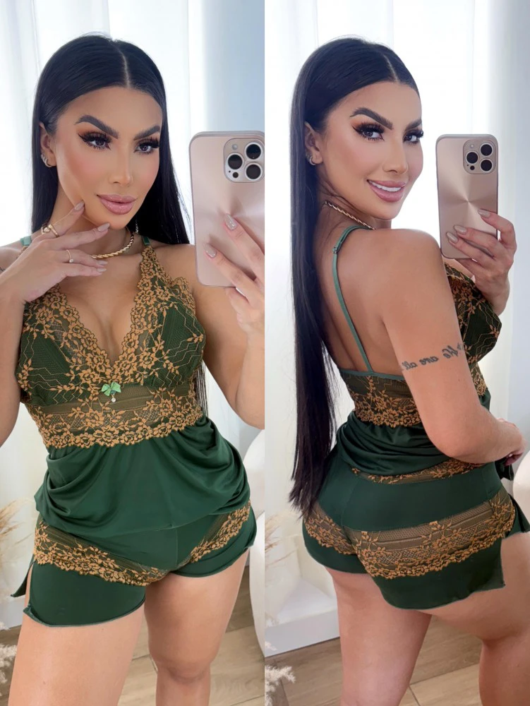Baby Doll Luxo Fabiana - Verde militar c/branco - Imagem 3