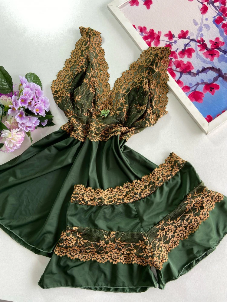 Baby Doll Luxo Fabiana - Verde militar c/branco - Imagem 2
