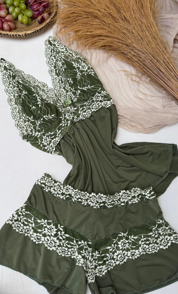 Baby Doll Luxo Fabiana - Verde militar c/branco