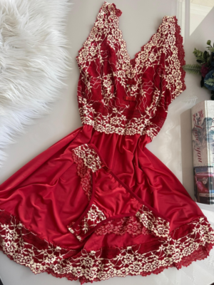 Camisola S/Bojo + calcinha renda bicolor - Vermelho